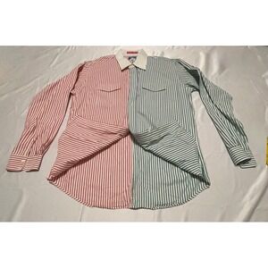 TEXAS COTTON MEN BUTTON UP SHIRT PIN STRIPPED GREEN RED SIZE 17 36